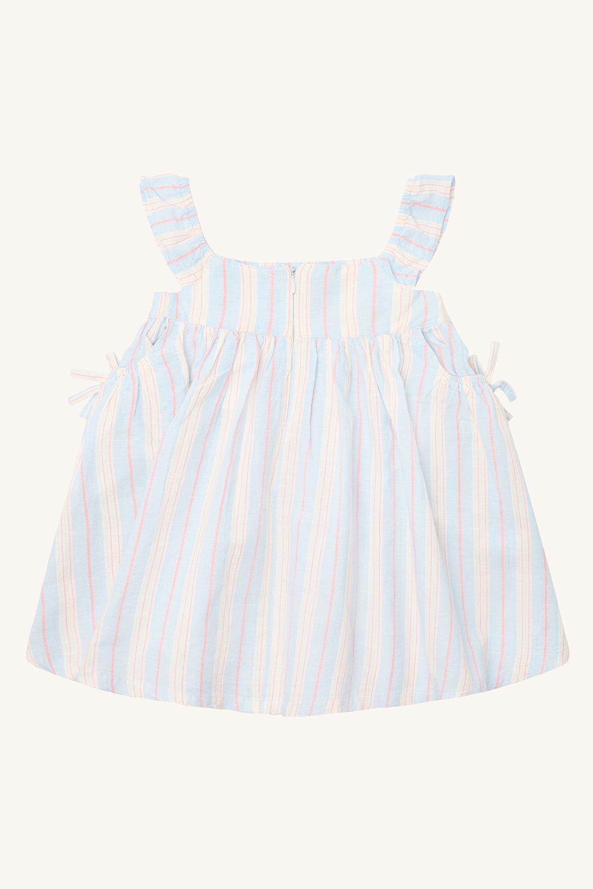 Rückenansicht des Kinderkleids Karoline mit Streifenmuster und Schleifen-Trägern – erhältlich bei Bärechind in Winterthur, Zürich, Schweiz.