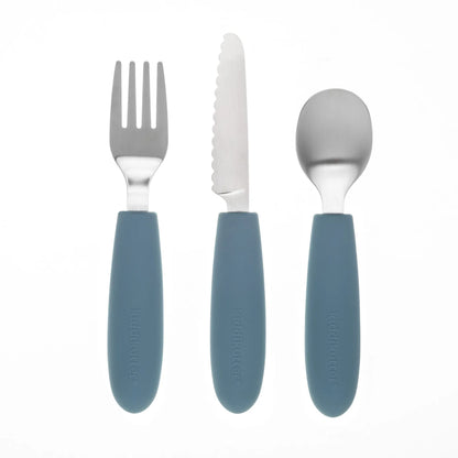 KiddiKutter Kinderbesteck Blue mit Kindermesser, Gabel und Löffel aus Edelstahl