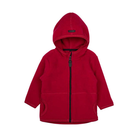 Kinderjacke aus Wollfleece in Himbeerrot (wirkt weniger rot als auf dem Bild). Pure Pure by Bauer, Bärechind Winterthur Zürich Schweiz.