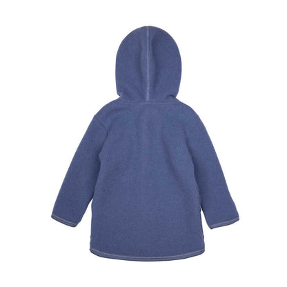 Rückansicht der Kinderjacke aus Wollfleece in smoke-blue. Pure Pure by Bauer, Bärechind Winterthur Zürich Schweiz.