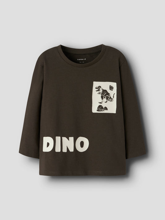 Dunkelbraunes Kinder-Langarmshirt mit Dino-Print, Bärechind, Winterthur, Zürich Schweiz