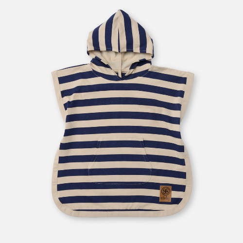 Kinder Poncho mit Kapuze und Streifen in Beige und Dunkelblau
