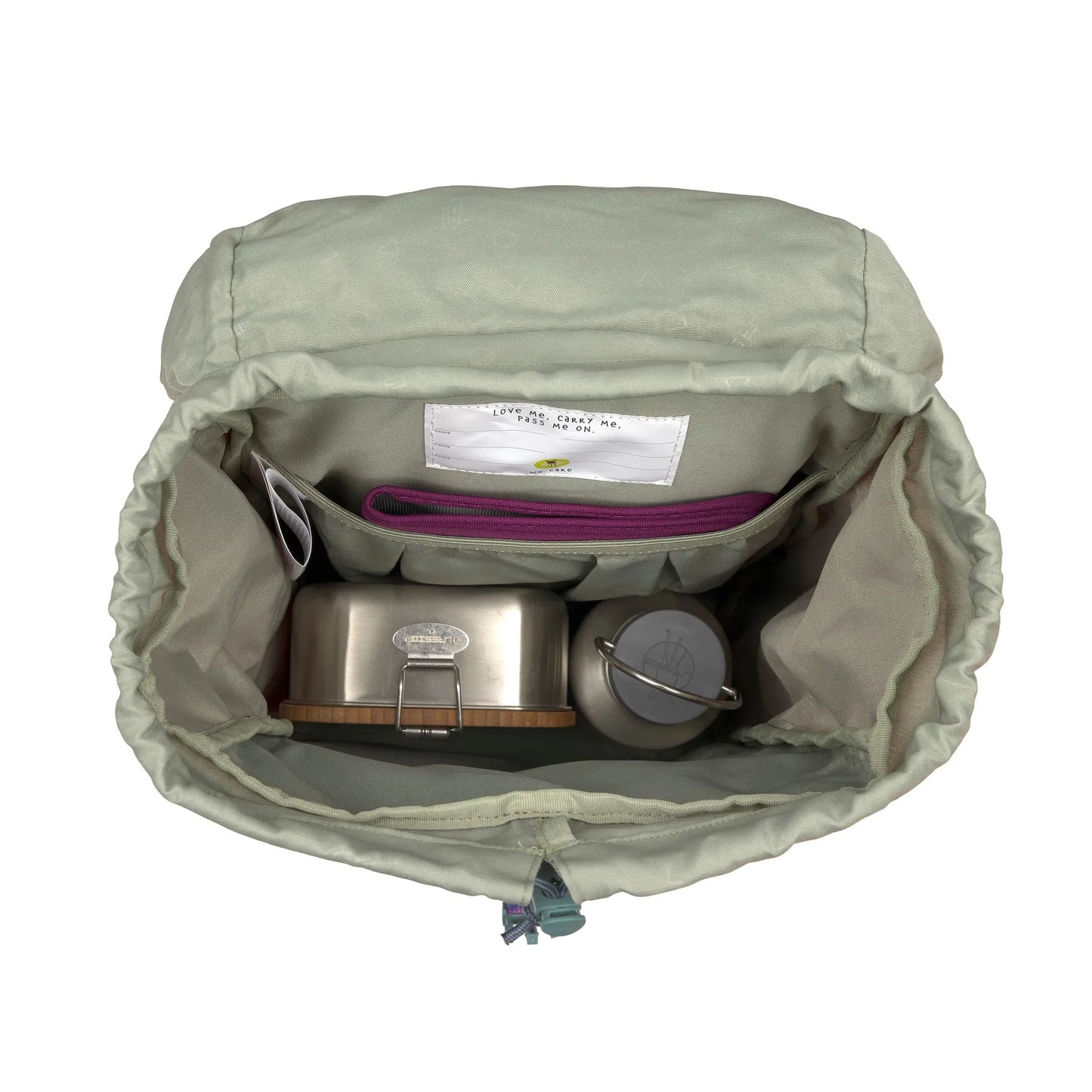 Innenansicht Kinder Rucksack mit Fächern für Znünibox und Trinkflasche Schule