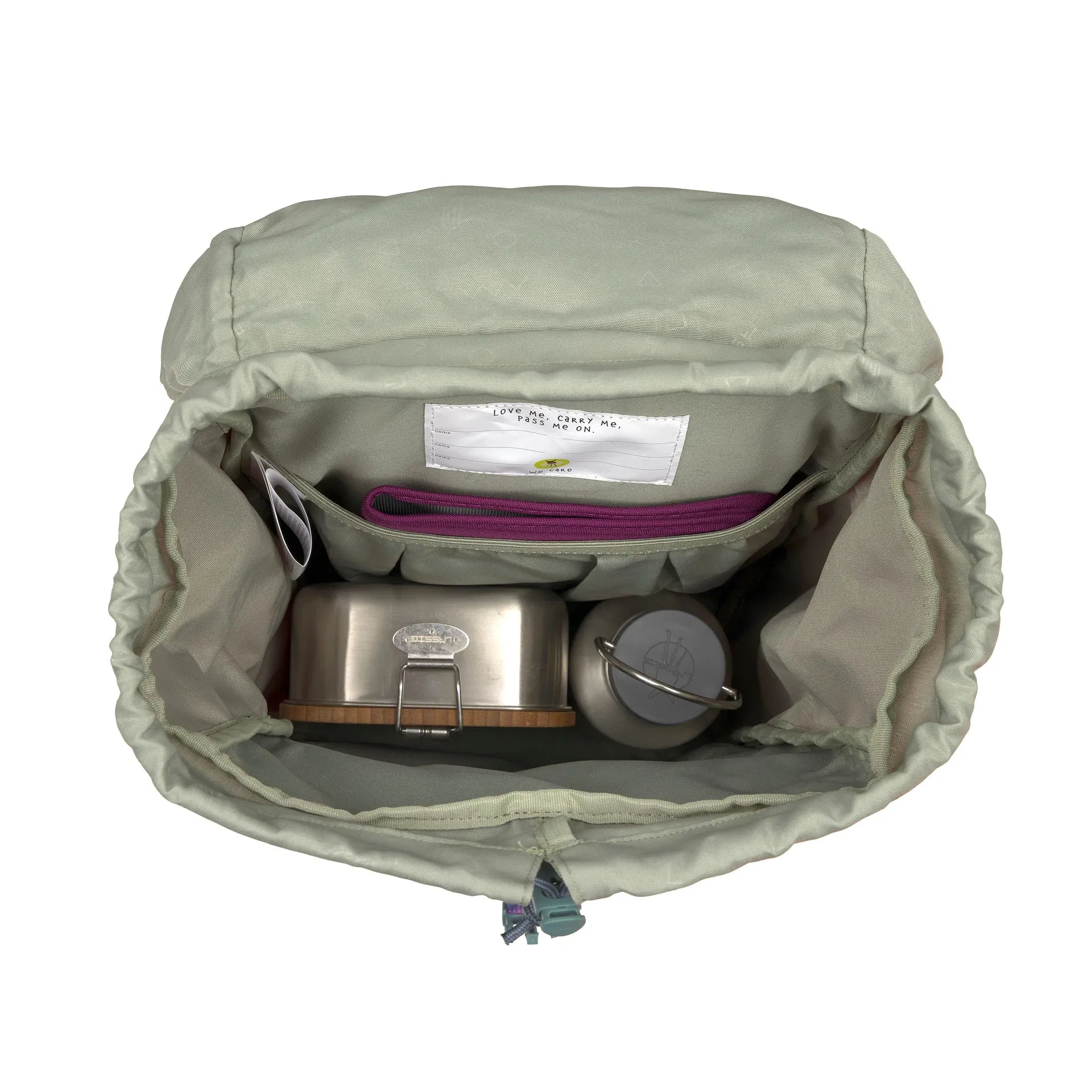 Innenansicht Kinder Rucksack mit Fächern für Znünibox und Trinkflasche Schule