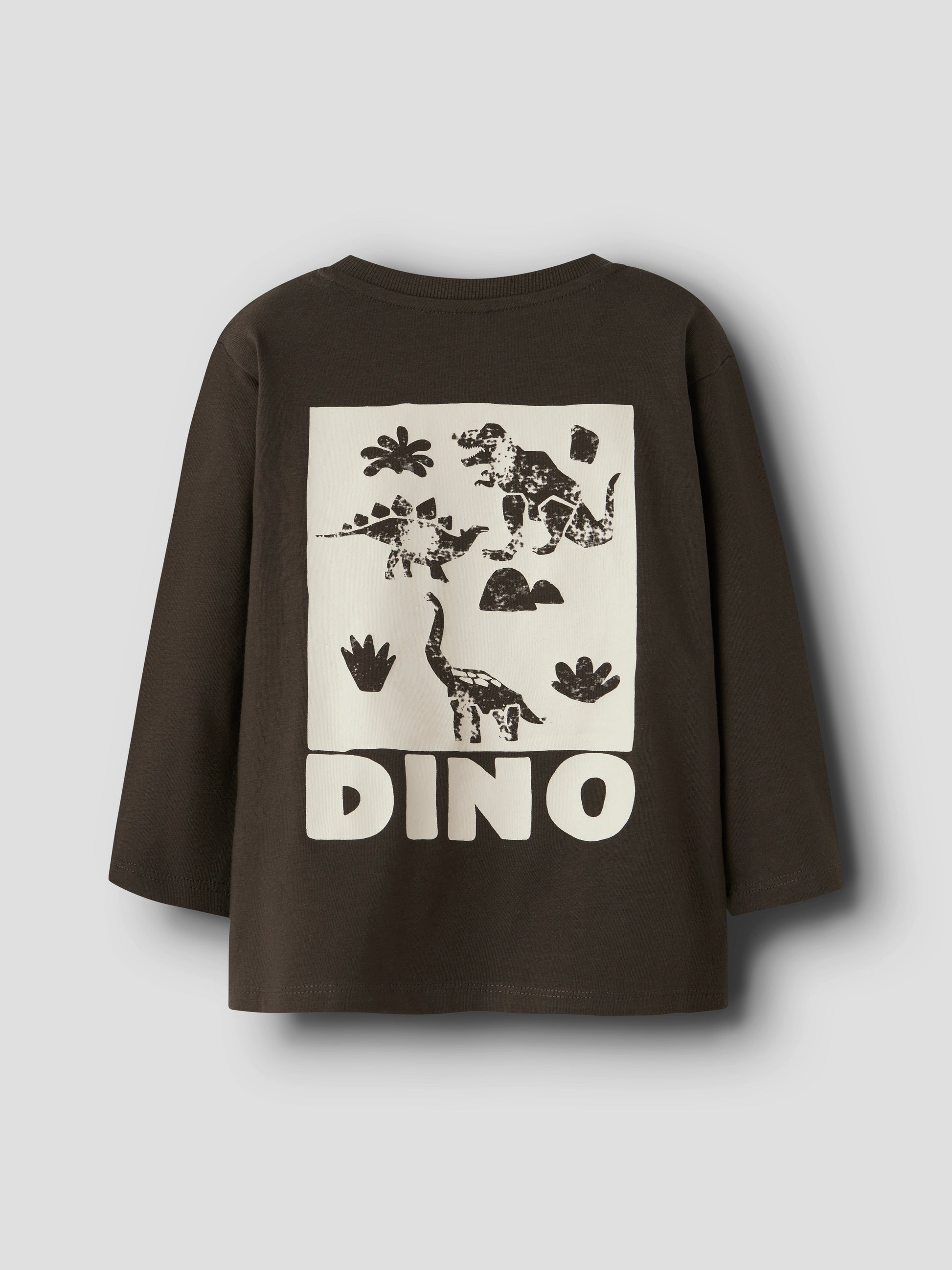 Vorderansicht Kinder-Langarmshirt dunkelbraun mit Dino-Print, Bärechind, Winterthur, Zürich Schweiz