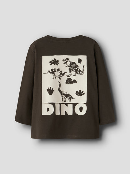 Vorderansicht Kinder-Langarmshirt dunkelbraun mit Dino-Print, Bärechind, Winterthur, Zürich Schweiz