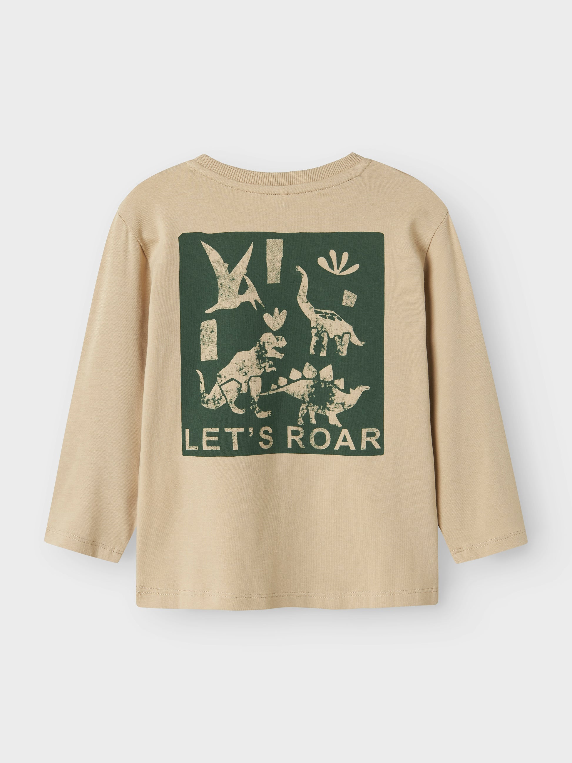 Vorderansicht beiges Kinder-Langarmshirt mit Dino-Print, Bärechind, Winterthur, Zürich Schweiz