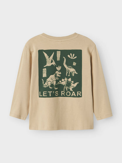 Vorderansicht beiges Kinder-Langarmshirt mit Dino-Print, Bärechind, Winterthur, Zürich Schweiz
