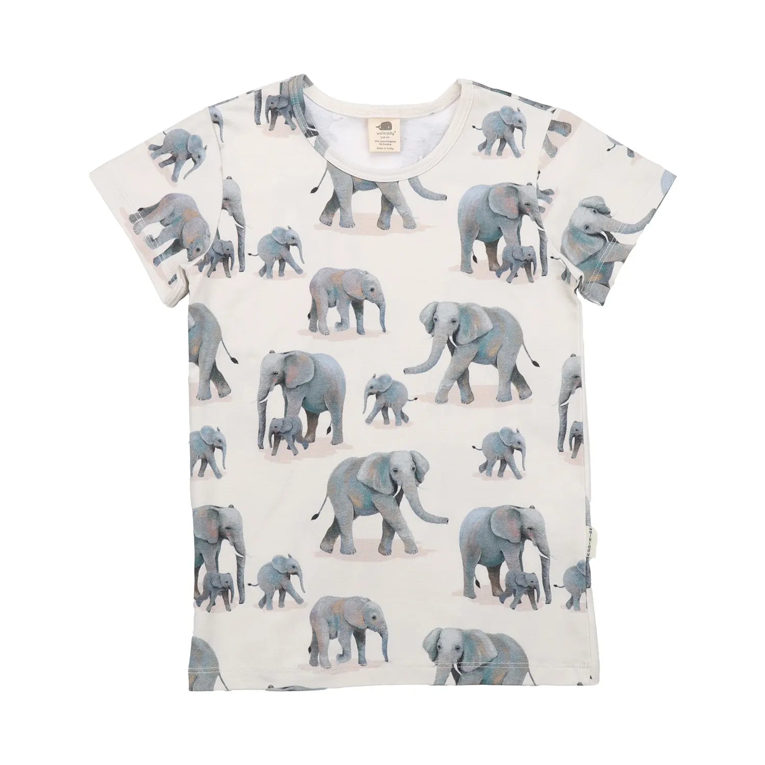 Kinder-T-Shirt aus 100 % Bio-Baumwolle in Weiss mit Elefanten-Muster, nachhaltig hergestellt.