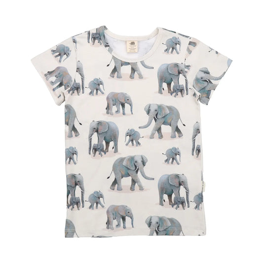 Kinder-T-Shirt aus 100 % Bio-Baumwolle in Weiss mit Elefanten-Muster, nachhaltig hergestellt.