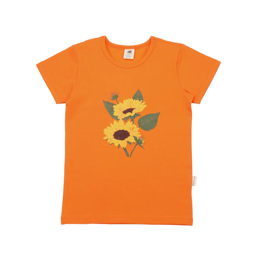Kinder-T-Shirt aus 100 % Bio-Baumwolle in Orange mit Sonnenblumen-Print, nachhaltig hergestellt.