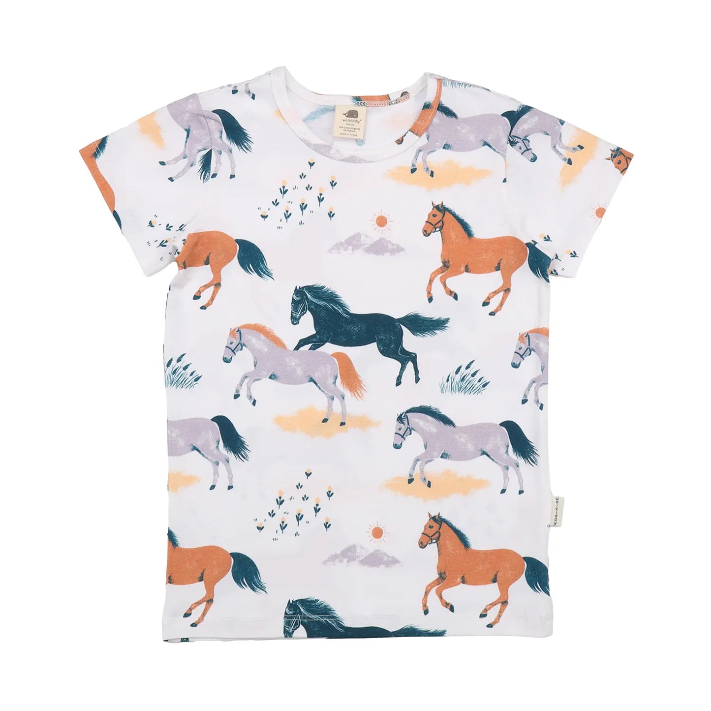 Kinder-T-Shirt aus Bio-Baumwolle mit fröhlichem Pferde-Motiv, nachhaltig produziert und hautfreundlich.