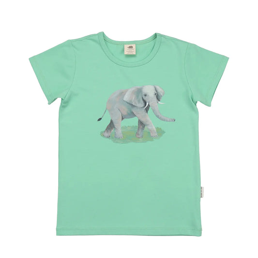Kinder-T-Shirt in Mintgrün aus 100 % Bio-Baumwolle mit Elefanten-Motiv, nachhaltig produziert.