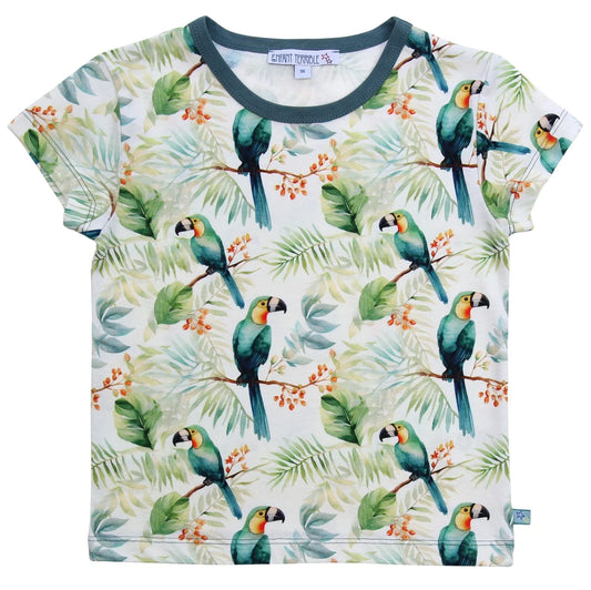 Kinder T-Shirt aus Baumwolle mit Papageienprint von Enfant Terrible im Bärechind Winterthur Zürich Schweiz.