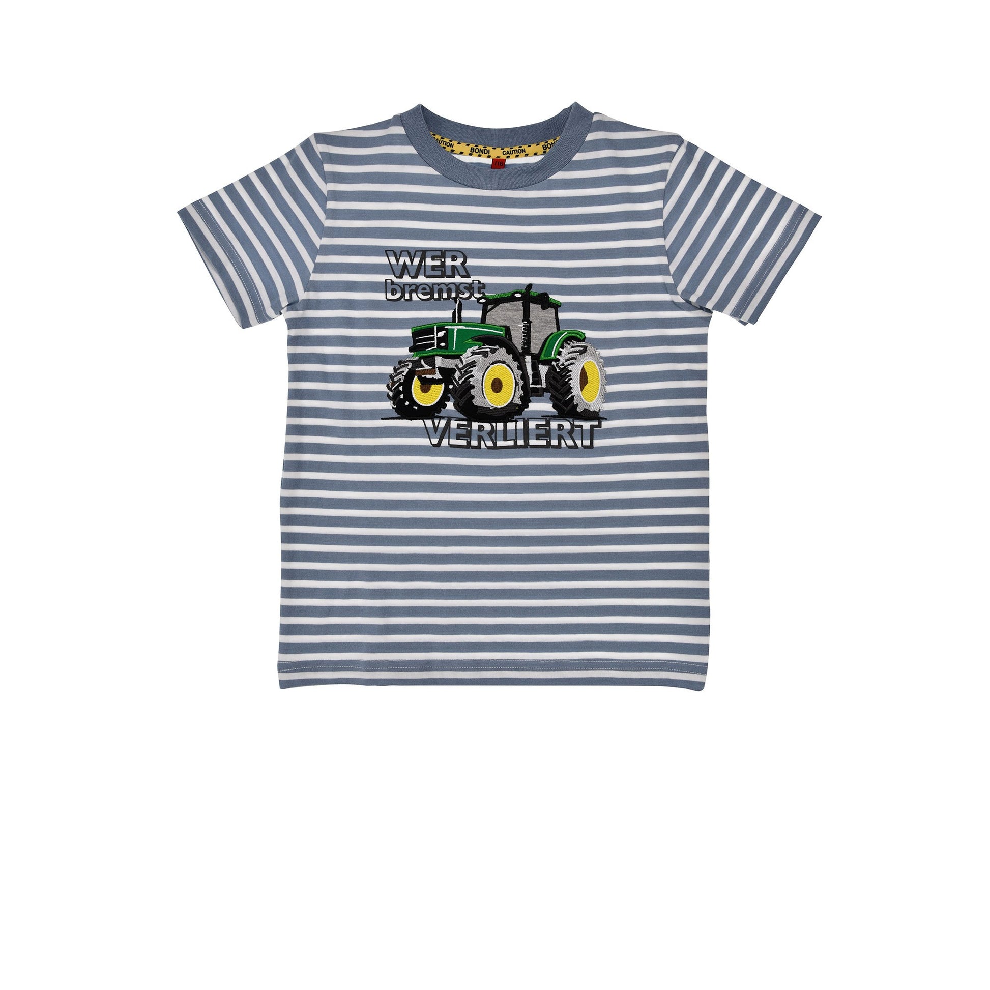 Gestreiftes Kinder T-Shirt mit grünem Traktor und „Wer bremst verliert“ Print von Bondi – Jungen Shirt bei Bärechind Winterthur