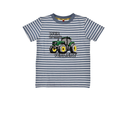 Gestreiftes Kinder T-Shirt mit grünem Traktor und „Wer bremst verliert“ Print von Bondi – Jungen Shirt bei Bärechind Winterthur