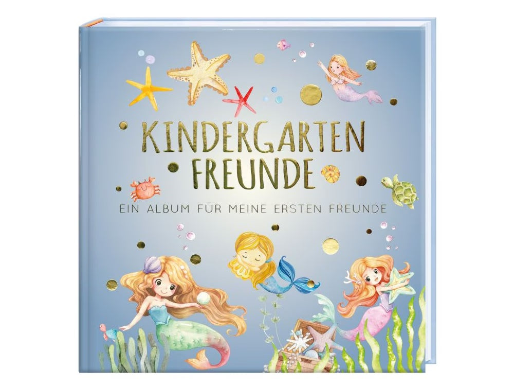 „Kindergarten Freunde Album für Kinder – Cover mit Meerjungfrau und bunten Seesternen