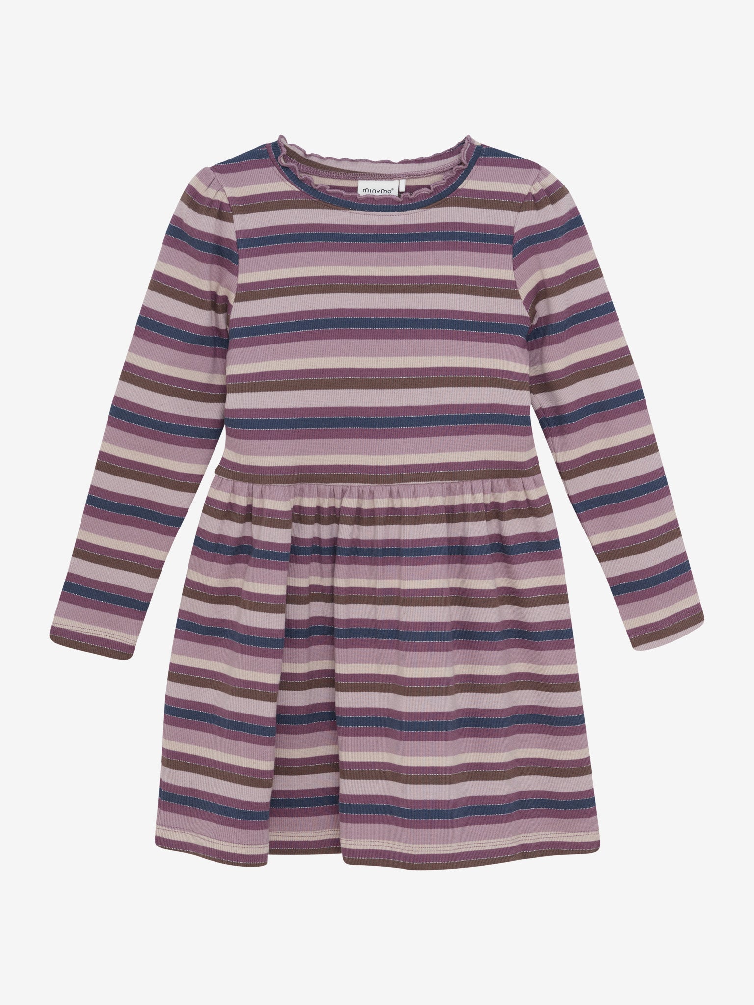 Gestreiftes Kinderkleid mit langen Ärmeln in Lila-, Rosa- und Beigetönen.
