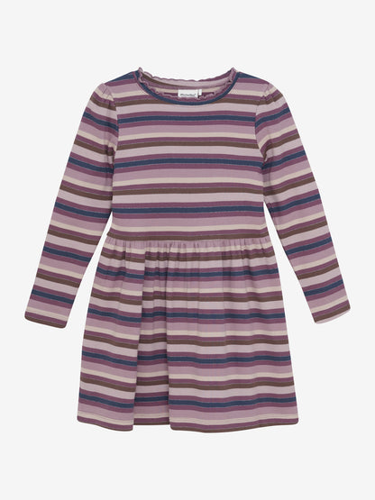 Gestreiftes Kinderkleid mit langen Ärmeln in Lila-, Rosa- und Beigetönen.