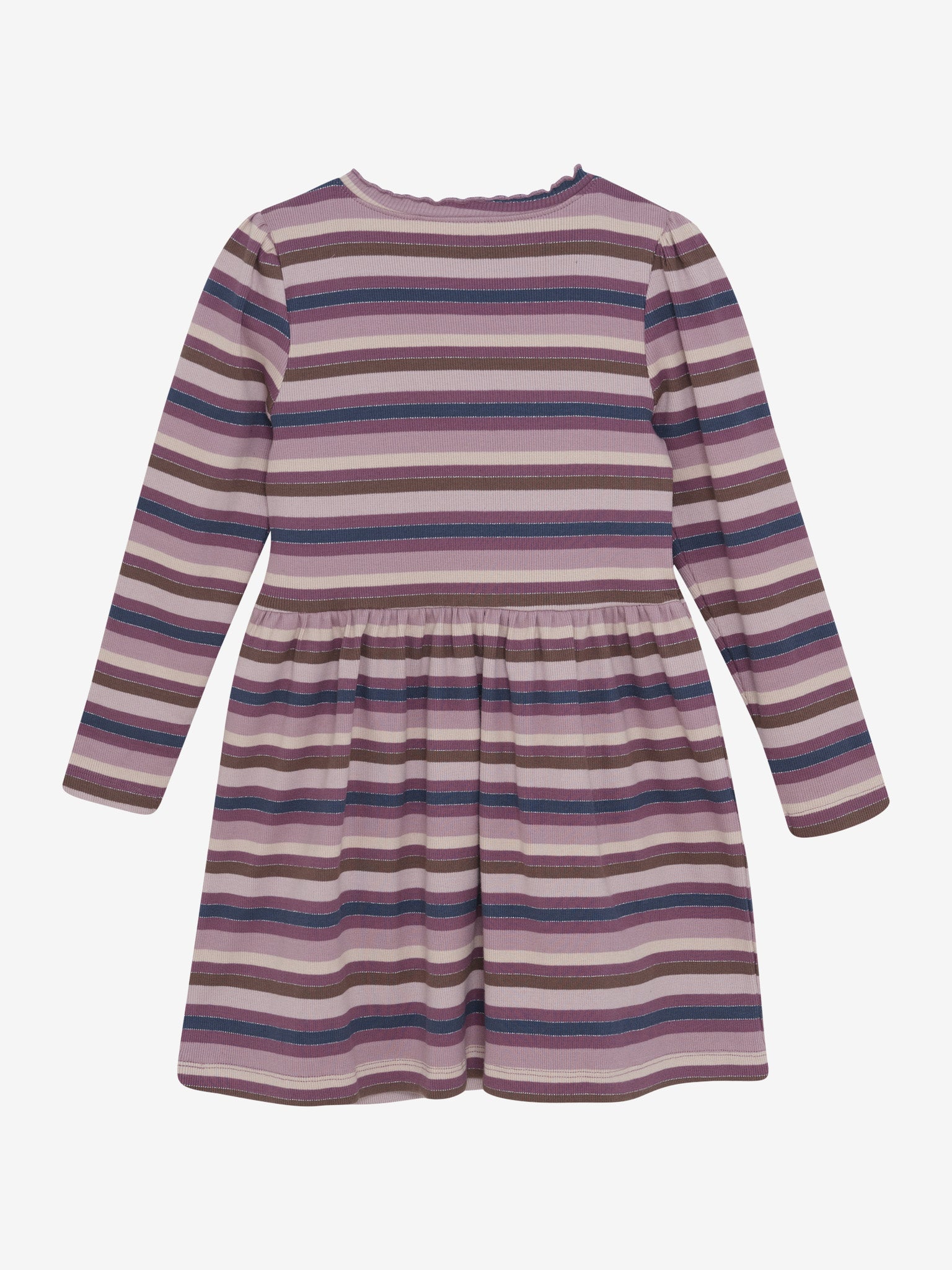 Gestreiftes Mädchenkleid langarm, Rückansicht, in Lila-, Rosa- und Beigetönen