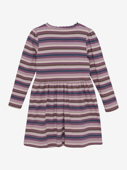 Gestreiftes Mädchenkleid langarm, Rückansicht, in Lila-, Rosa- und Beigetönen