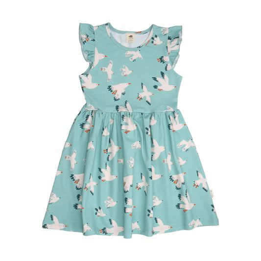 Türkisfarbenes Kinderkleid aus Bio-Baumwolle mit Möwen-Motiv und Rüschen-Design, nachhaltig produziert.