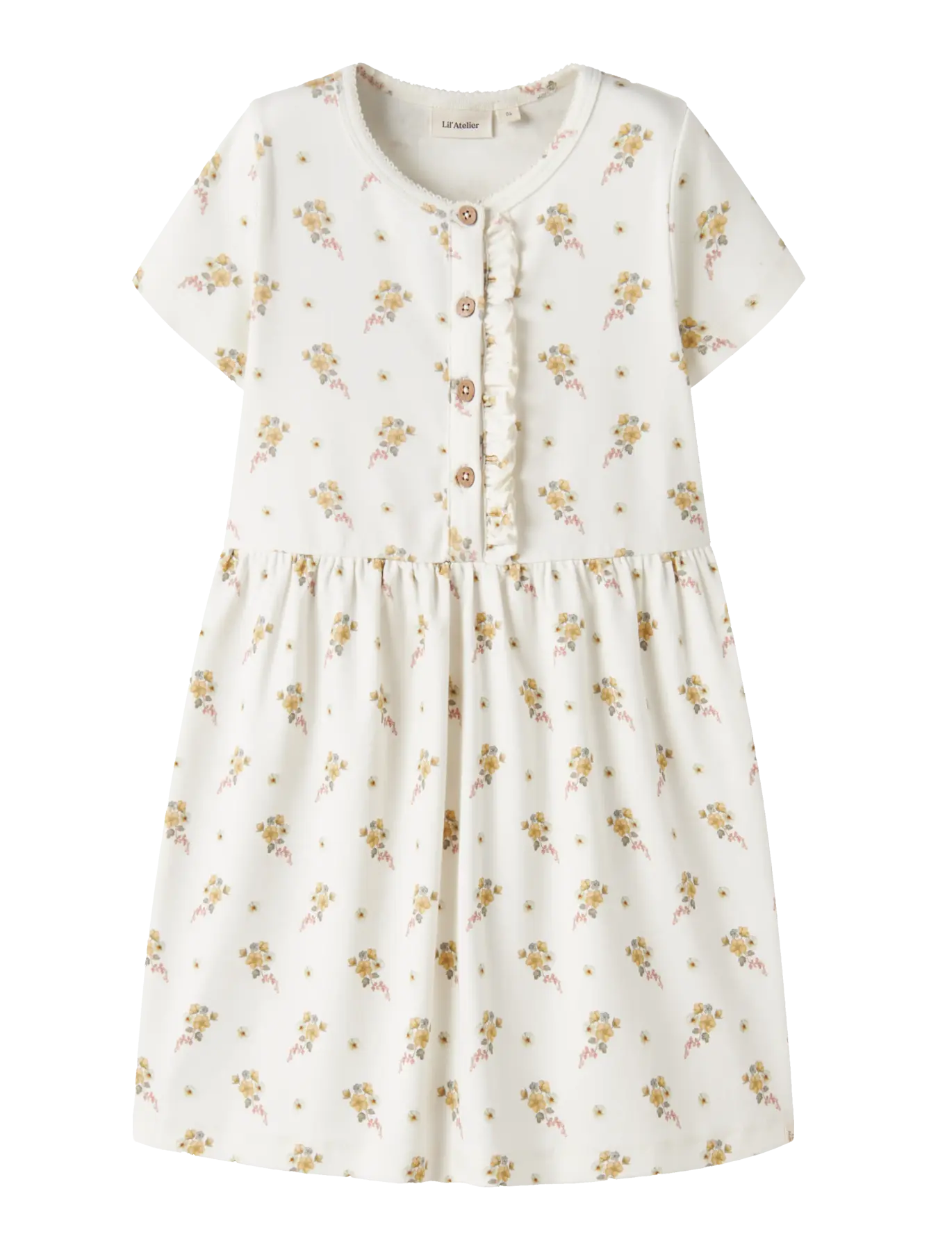 Cremefarbenes Kinderkleid mit Blumenmuster aus Bio-Baumwolle, erhältlich bei Bärechind in Winterthur, Zürich, Schweiz