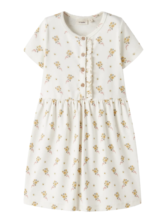 Cremefarbenes Kinderkleid mit Blumenmuster aus Bio-Baumwolle, erhältlich bei Bärechind in Winterthur, Zürich, Schweiz