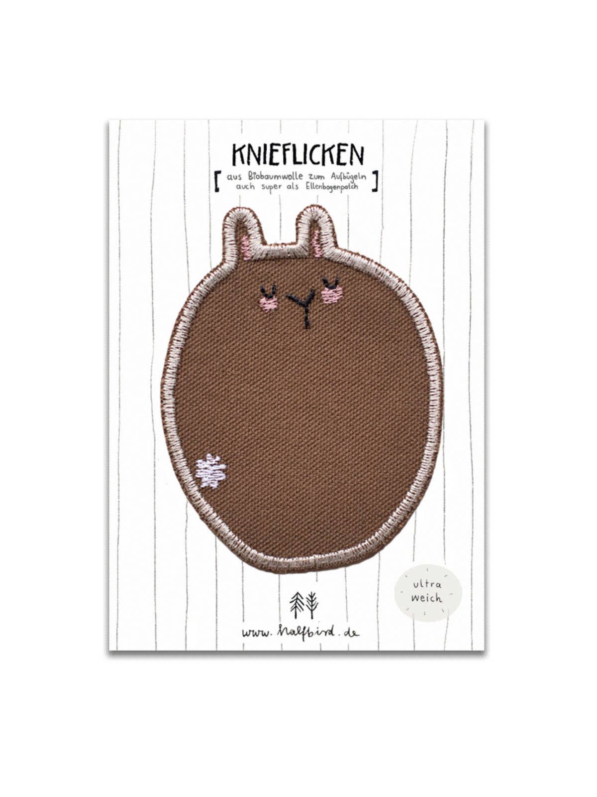 Knieflicken Hase auf Karte, Bügelflicken aus Bio-Baumwolle