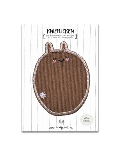 Knieflicken Hase auf Karte, Bügelflicken aus Bio-Baumwolle