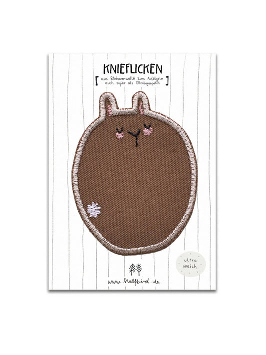Knieflicken Hase auf Karte, Bügelflicken aus Bio-Baumwolle
