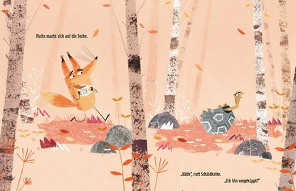 Illustration aus Komm wir trinken Kakao von Enrico Lorenzi, der kleine Fuchs zwischen herbstlichen Birken im Wald