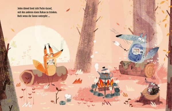 Illustration aus Komm wir trinken Kakao von Enrico Lorenzi, der kleine Fuchs begegnet einem Waldtier am wärmenden Feuer im Herbstwald