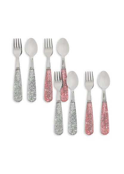 Achtteiliges Glitzerbesteck von Konges Sløjd in Sparkling Blush und Sparkling Blue