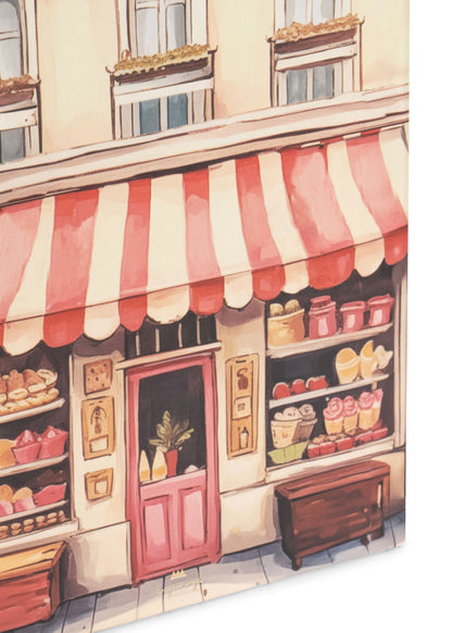 Detailansicht der bedruckten Boutiquen-Fassade mit Markise