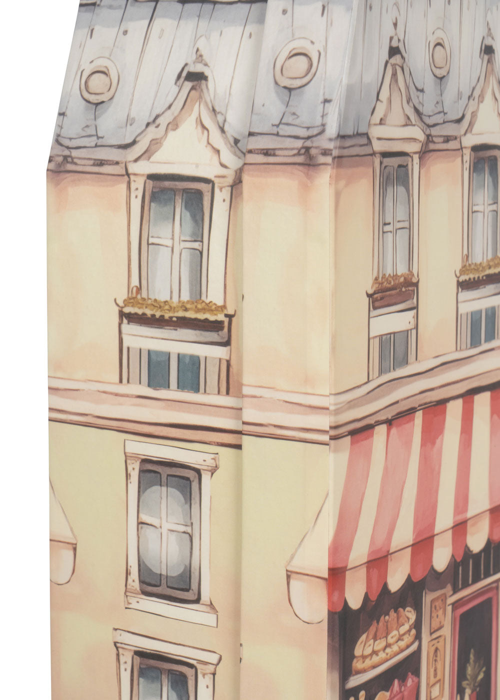 Detailansicht des bedruckten Obergeschosses der Boutiquen-Fassade