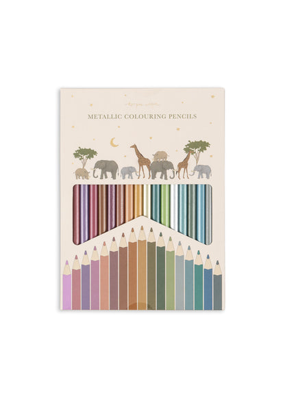 18 Buntstifte mit Metallic-Effekt in dreieckiger Form, Farbfächer der Packung