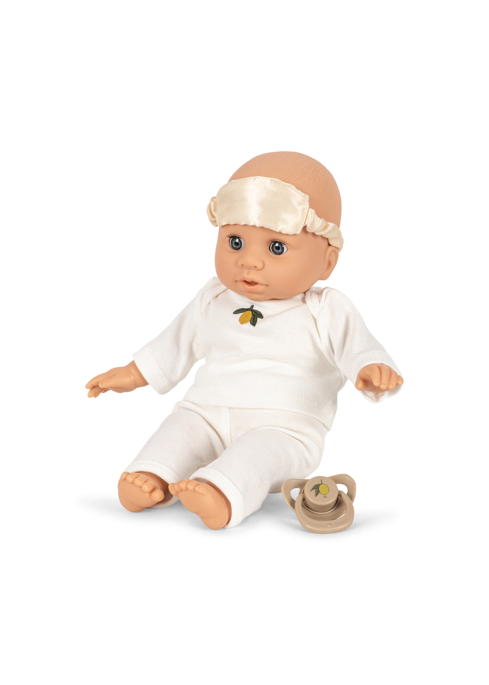 Babypuppe Lola sitzend, Körper aus Vinyl mit weicher Baumwollhülle