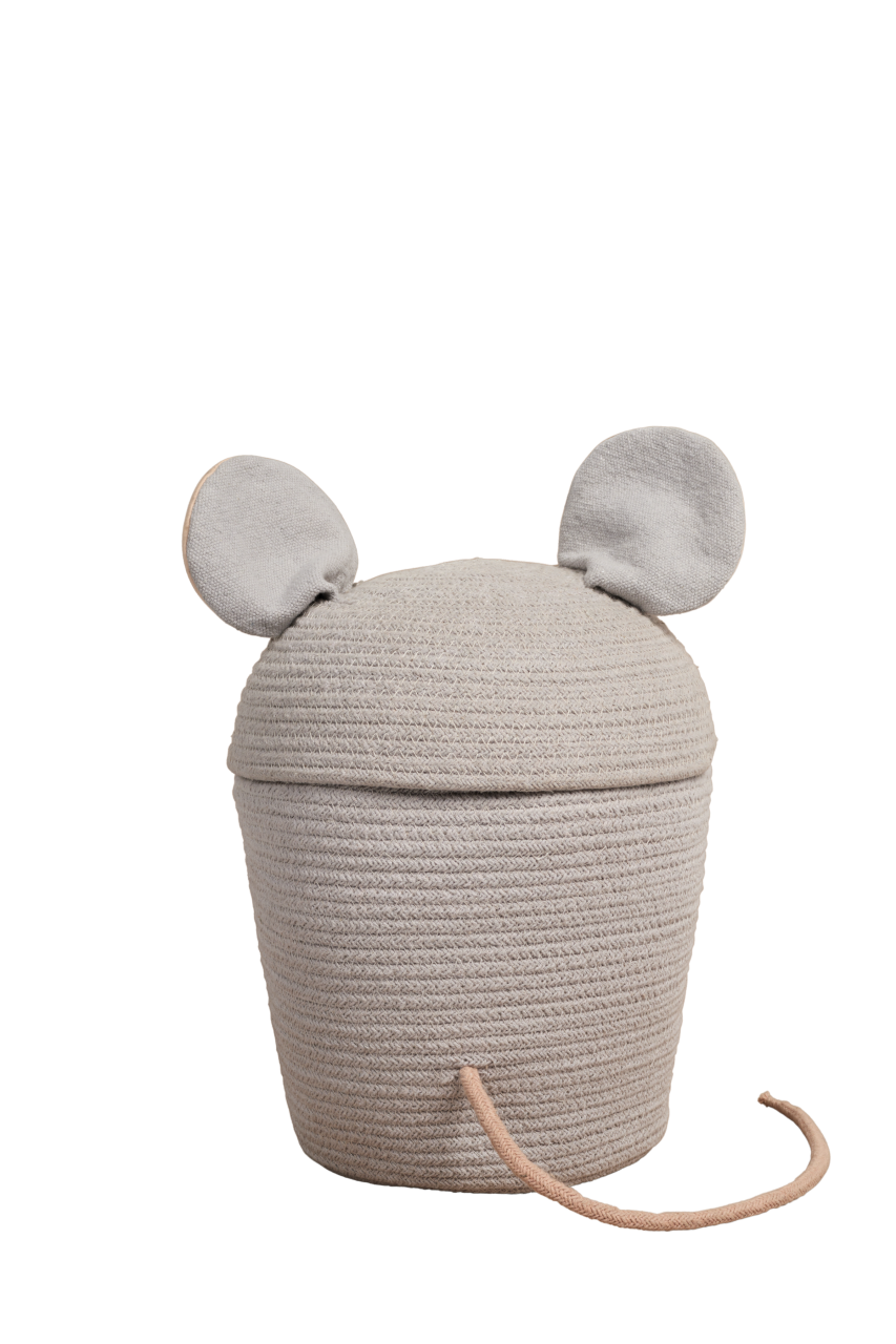 Grauer Aufbewahrungskorb Renata die Ratte mit rosa Ohren und Schwanz, Lorena Canals, Bärechind Winterthur, Zürich Schweiz.