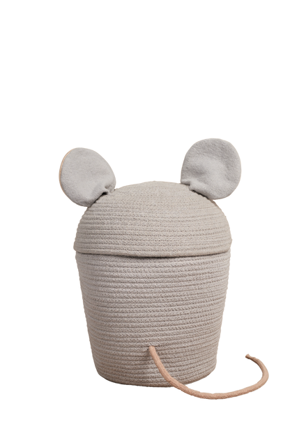 Grauer Aufbewahrungskorb Renata die Ratte mit rosa Ohren und Schwanz, Lorena Canals, Bärechind Winterthur, Zürich Schweiz.