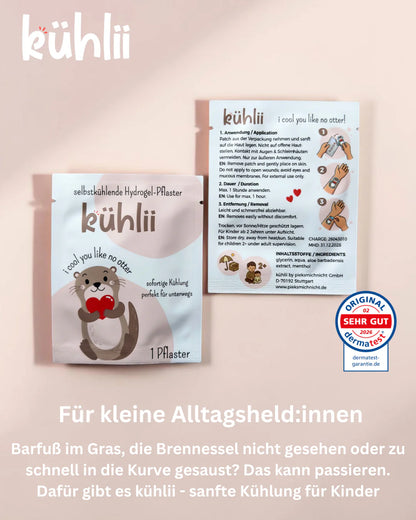 Kühlii Hydrogel Pflaster, Rückseite der Verpackung mit Produktinfos