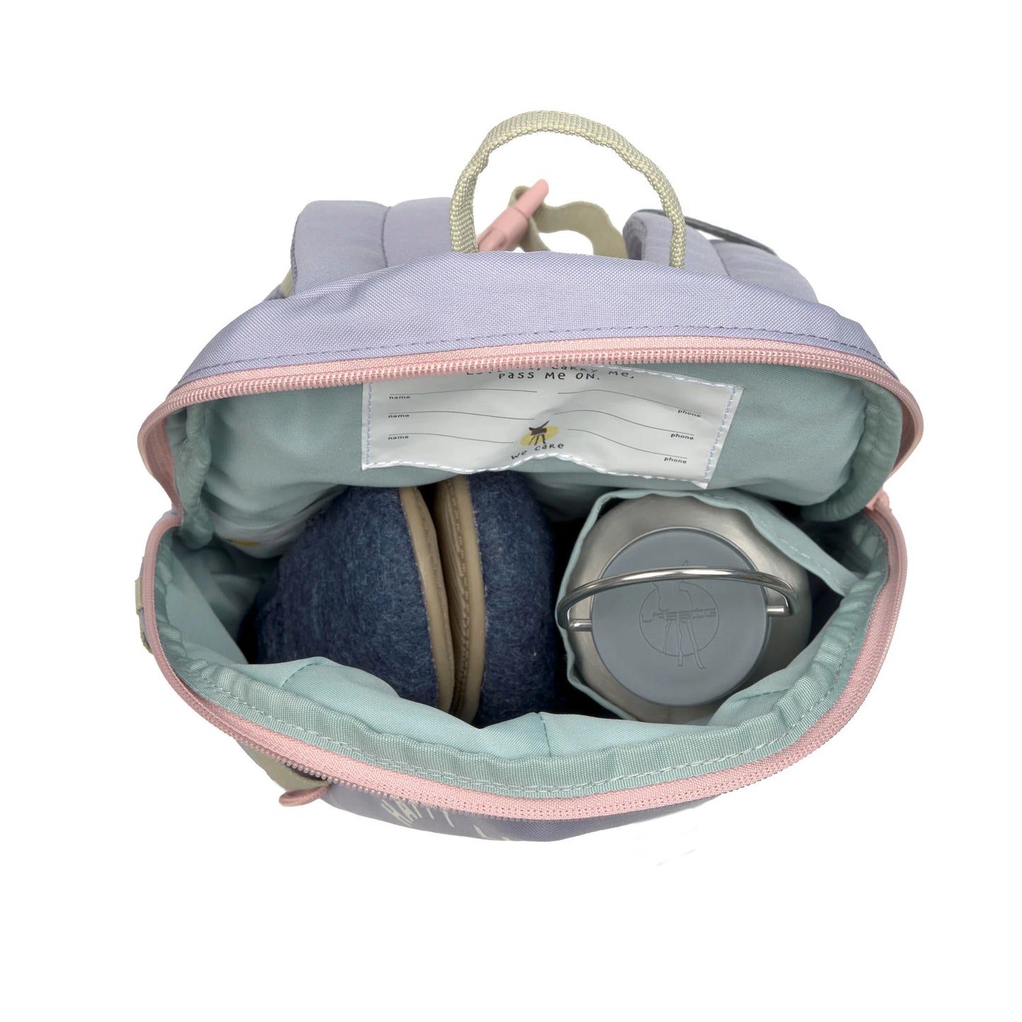 Innenansicht des LÄSSIG Kindergartenrucksacks Rainbow Pastel Lilac mit Trinkflaschenhalter bei Bärechind Winterthur Zürich Schweiz