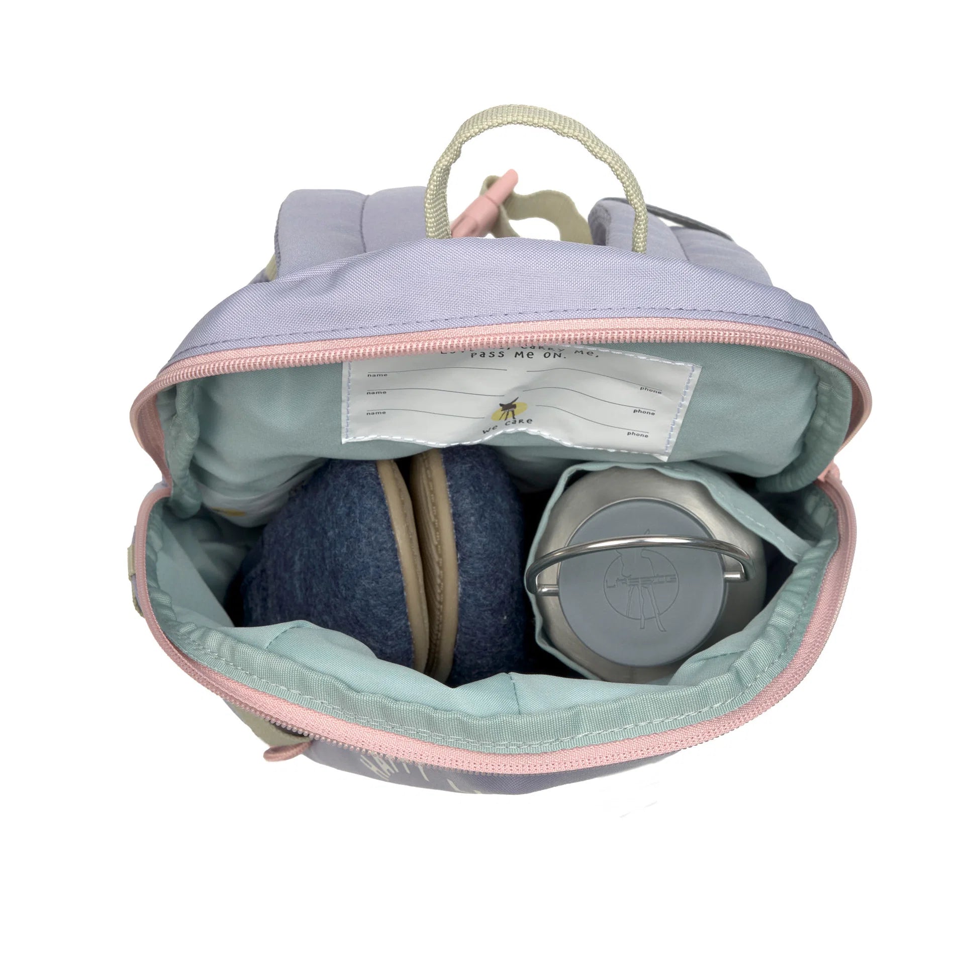Innenansicht des LÄSSIG Kindergartenrucksacks Rainbow Pastel Lilac mit Trinkflaschenhalter bei Bärechind Winterthur Zürich Schweiz