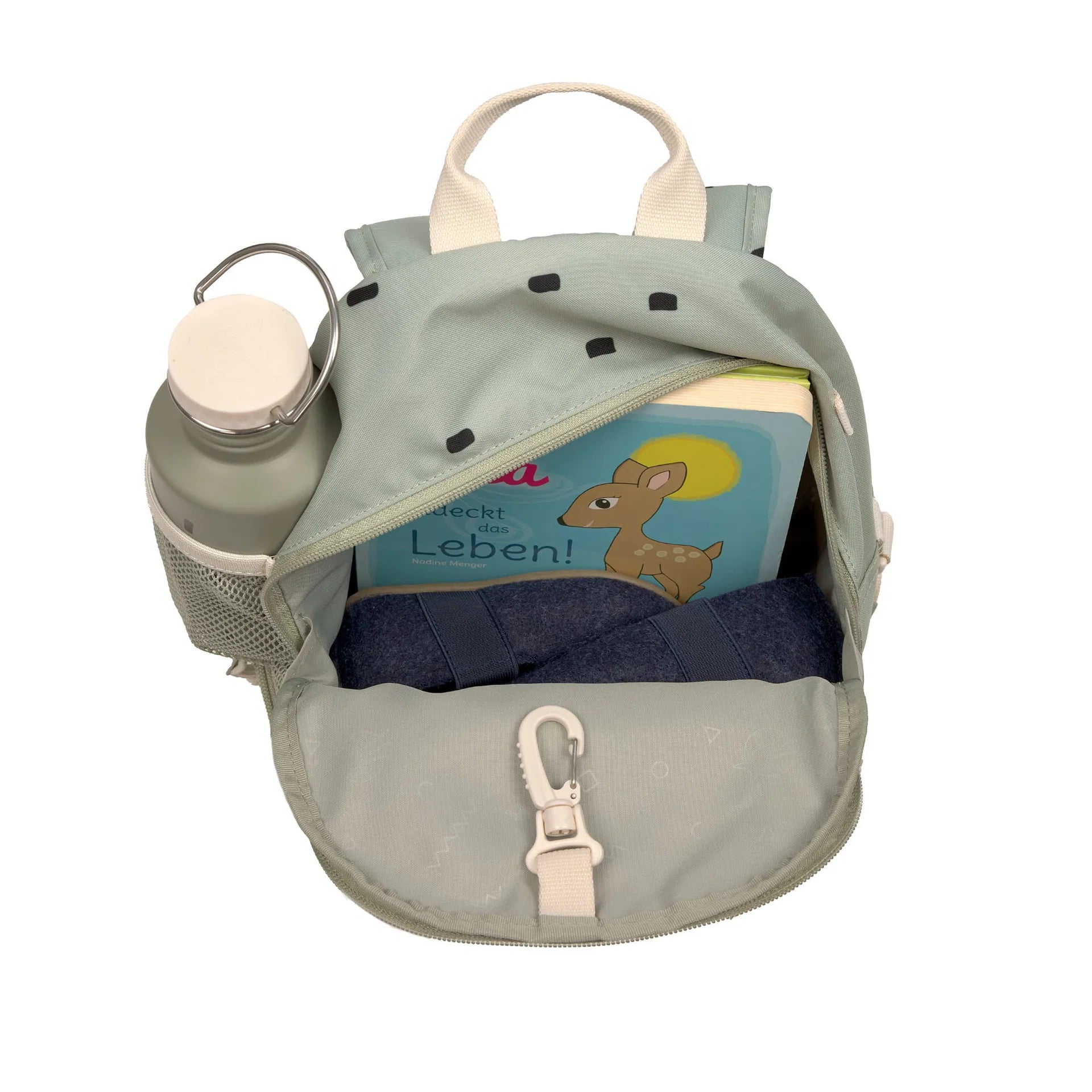 Innenansicht des Lässig Kindergartenrucksacks Mini Happy Prints Oliv mit Platz für Znünibox, Trinkflasche und Lieblingsspielzeug, erhältlich im Bärechind Winterthur.