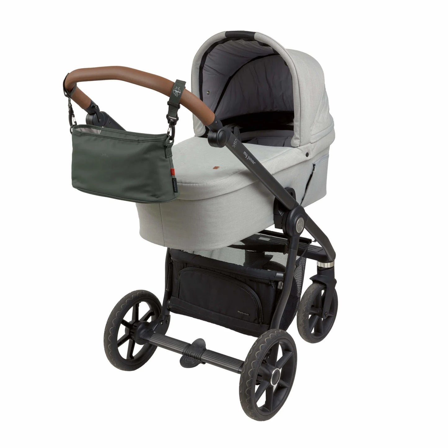 Lässig Kinderwagen Organizer Dunkeloliv, Rückansicht mit Befestigungshaken