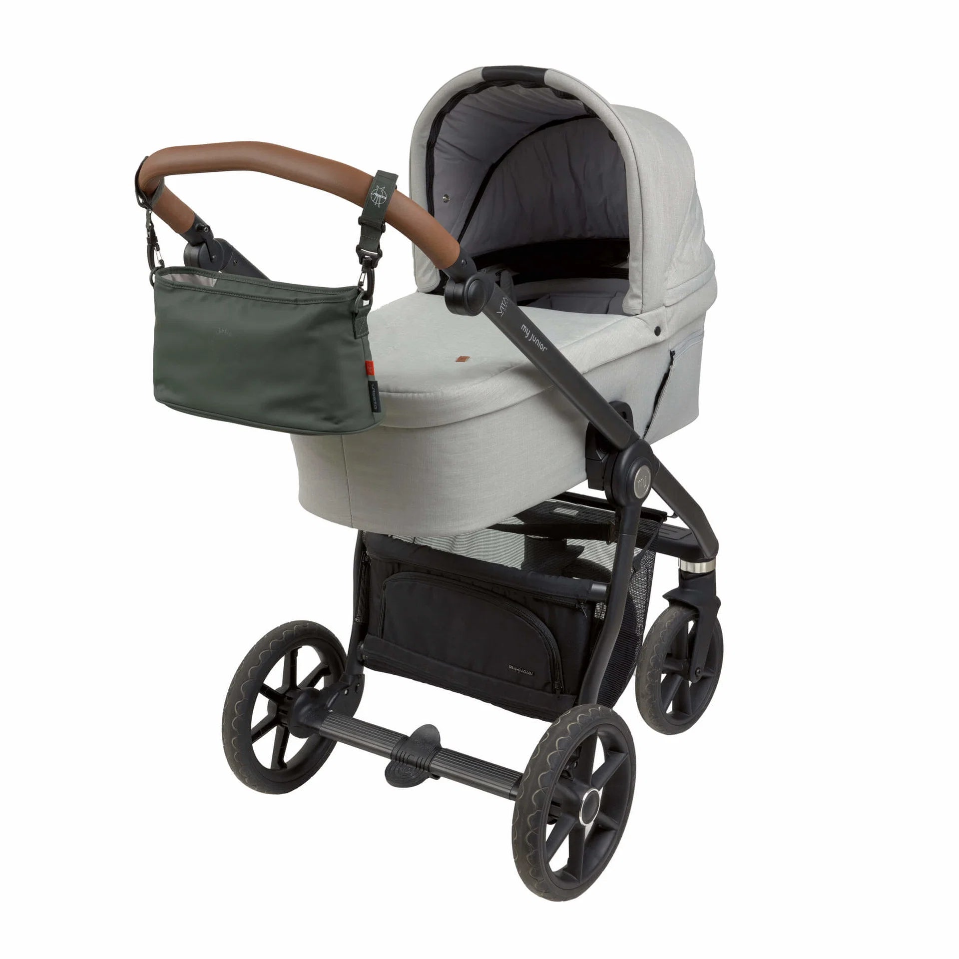 Lässig Kinderwagen Organizer Dunkeloliv, Rückansicht mit Befestigungshaken