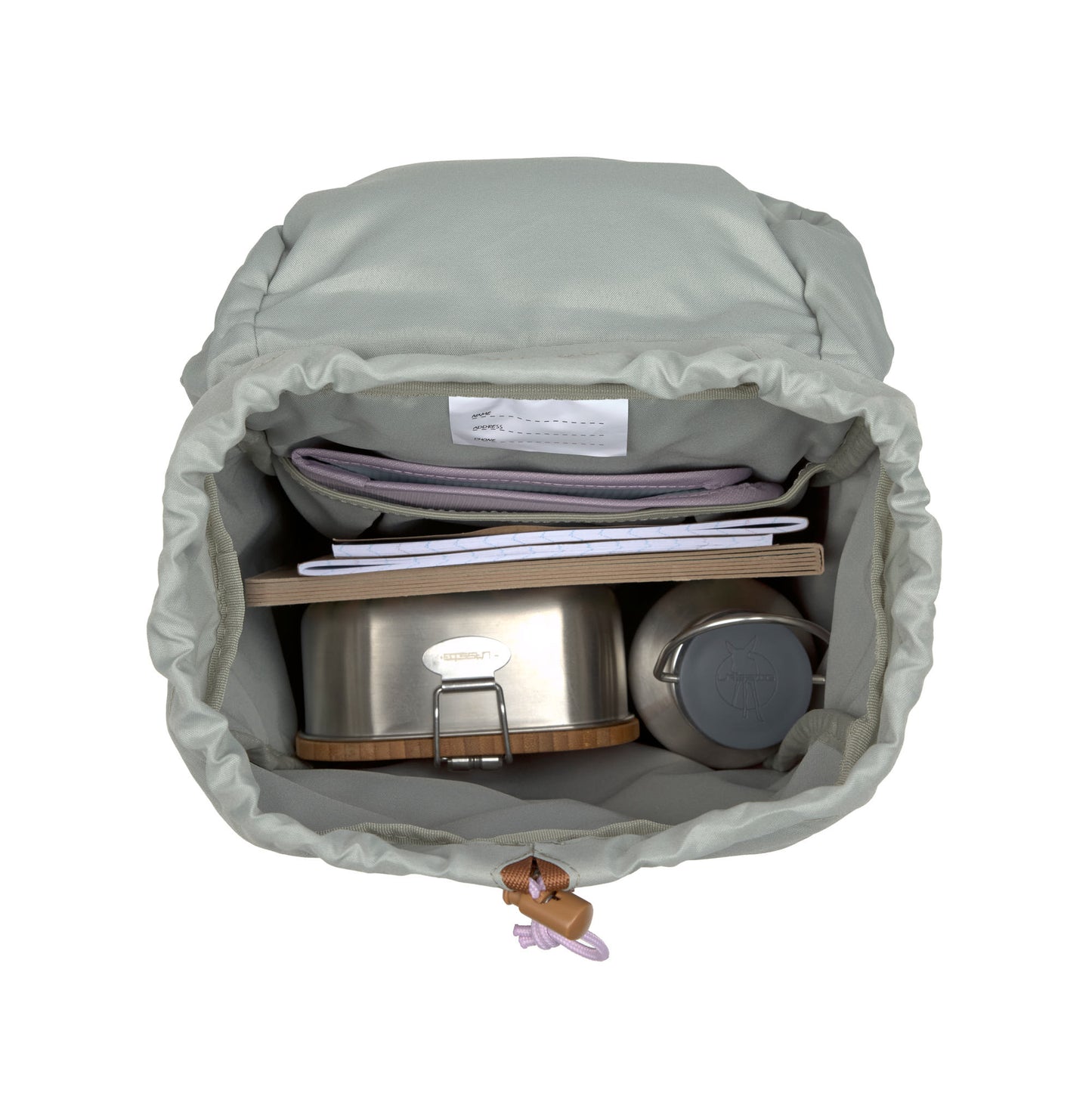 Geöffneter Lässig Rucksack mit Sicht auf Innenraum und Sitzunterlage