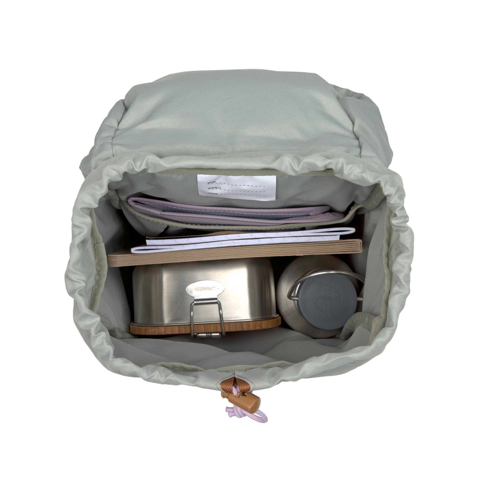 Geöffneter Lässig Rucksack mit Sicht auf Innenraum und Sitzunterlage