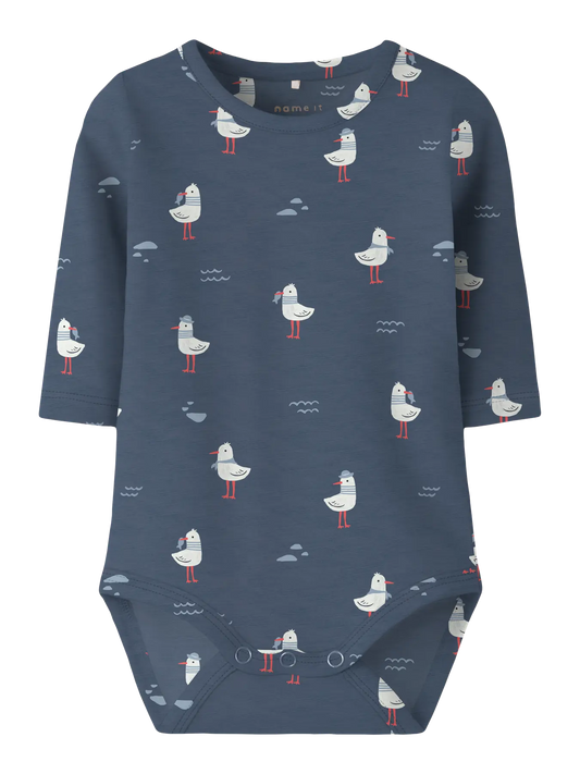 Langarm Body aus Baumwolle mit Möwen Print in Blau zu kaufen im Bärechind Winterthur Zürich Schweiz.