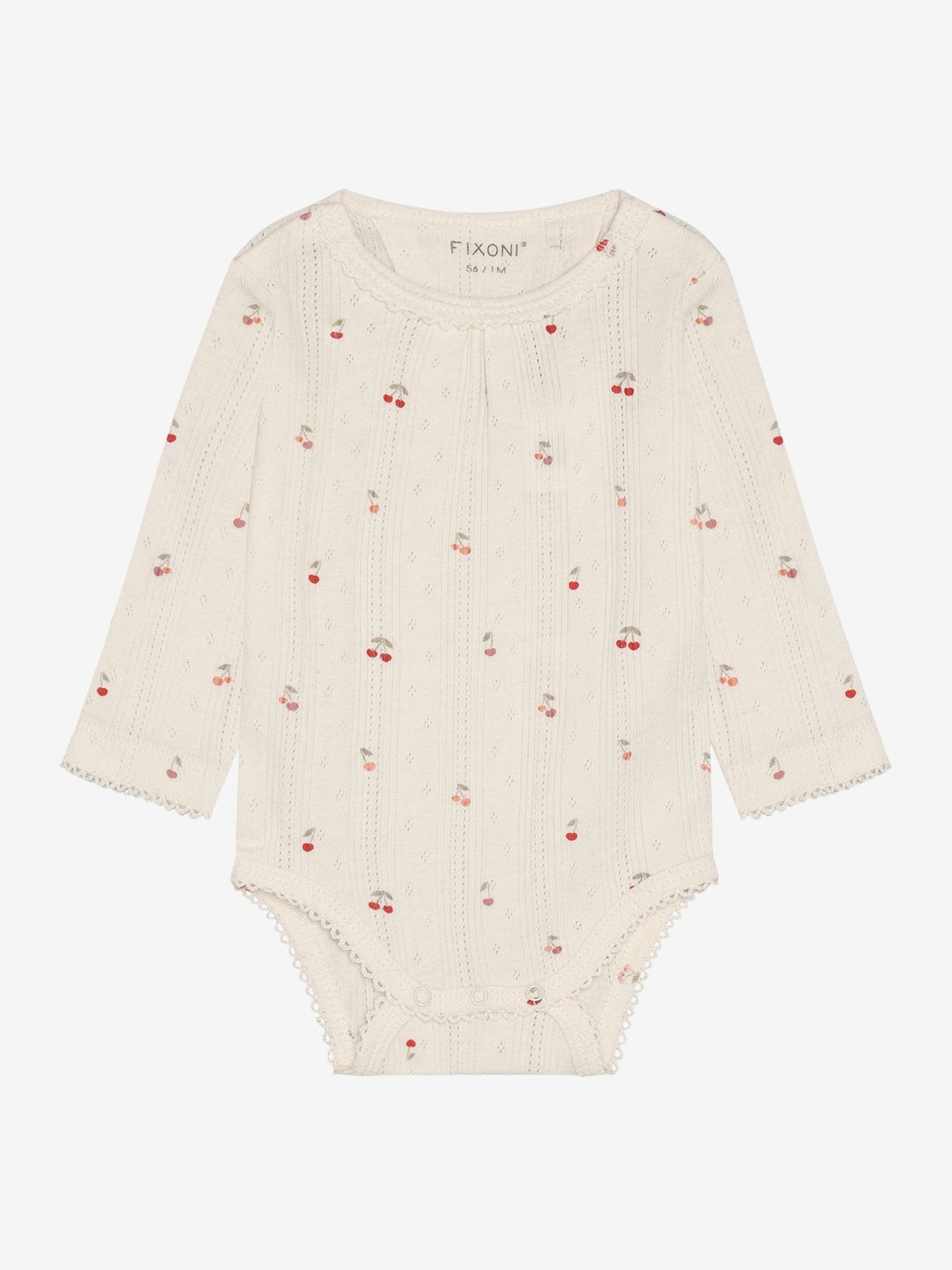 Cremefarbener Langarmbody aus Baumwolle mit Kirschmuster, erhältlich im Bärechind Kinderladen Winterthur Zürich Schweiz
